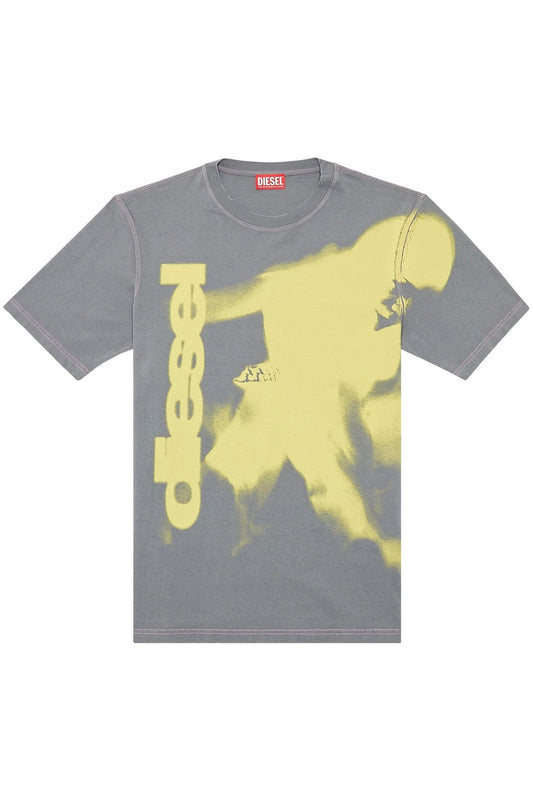 Men's gray Diesel T-JUST-N13 cotton jersey T-shirt with hand-distressed edges and yellow graphic design.