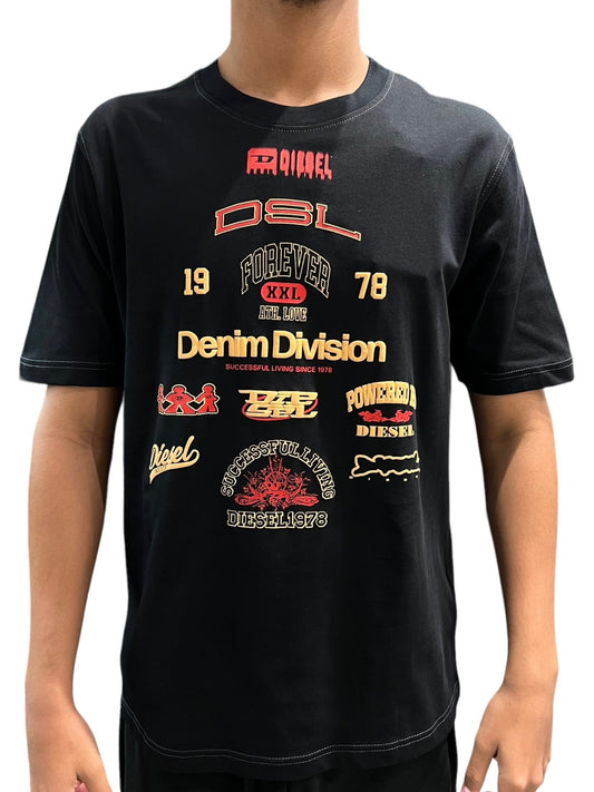 Person in a DIESEL T-JUST-N14 black regular-fit tee made from organic cotton jersey, adorned with various red and white Diesel iconic logos and text graphics.