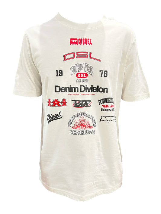White DIESEL T-JUST-N14 regular-fit tee with red and black graphic prints of Diesel's iconic logos.