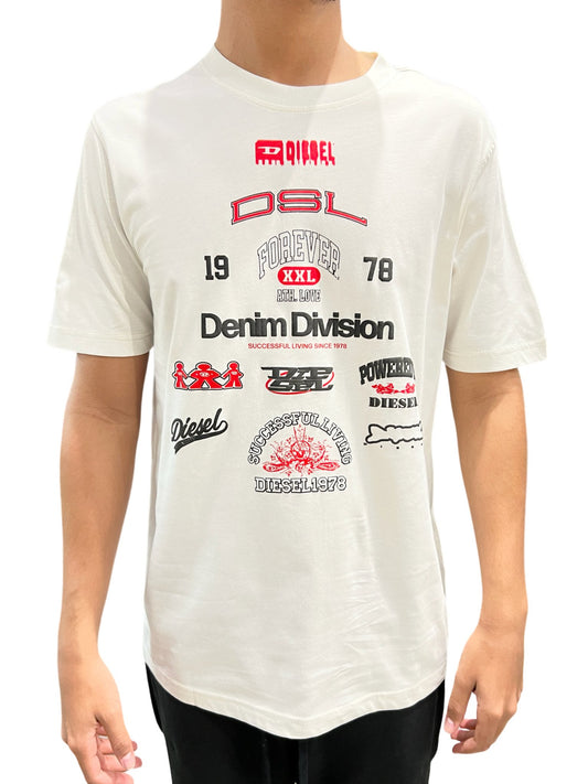 A person wearing a white regular-fit DIESEL T-JUST-N14 t-shirt made of organic cotton jersey with red and black Diesel branding designs featuring Diesel's iconic logos.