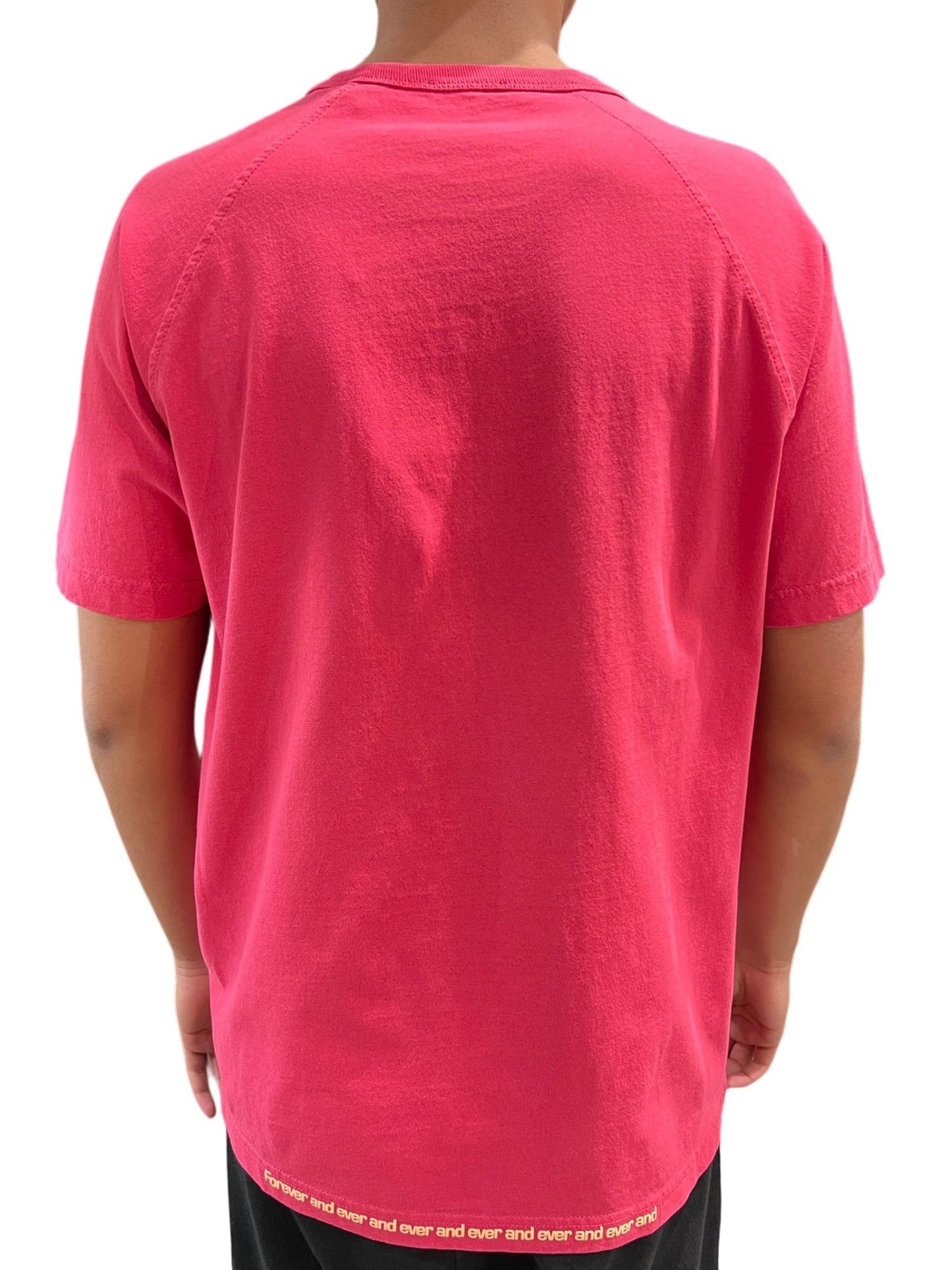 A person standing with their back to the camera, wearing a Diesel T-Rust T-shirt in baby pink with text along the lower hem.
