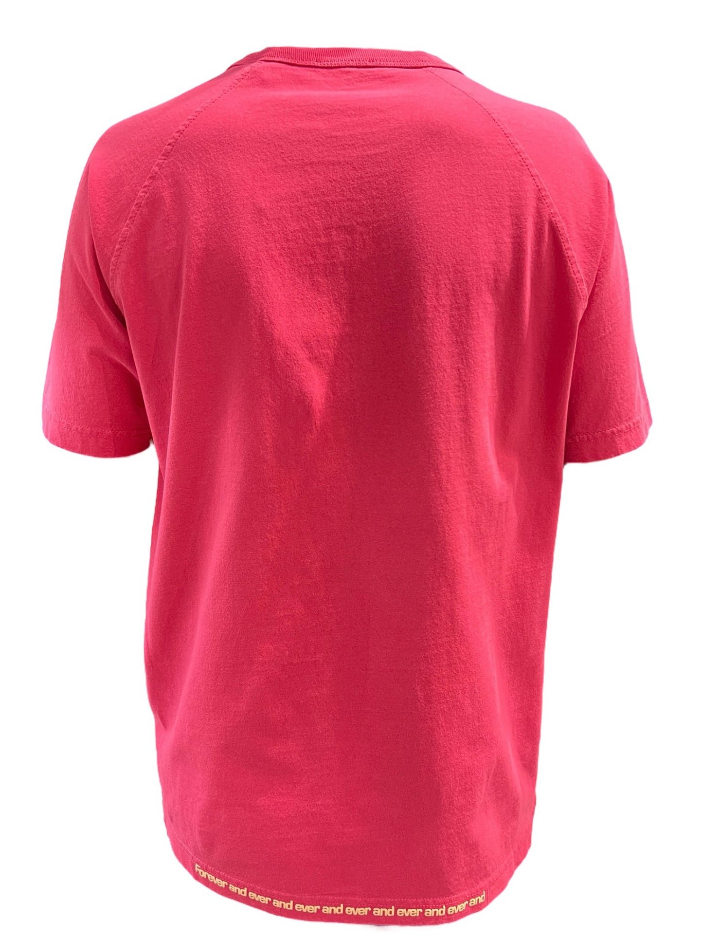 Rear view of a person wearing a pink DIESEL T-RUST T-SHIRT BABY PINK with repeated text along the lower hem.