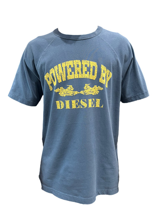 DIESEL T-RUST TEAL 100% Cotton t-shirt with the phrase "powered by diesel" printed in yellow on the front.