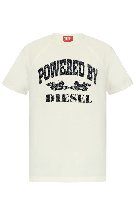 DIESEL T-RUST T-SHIRT WHITE with the slogan "powered by diesel" and floral motifs printed on the front, featuring the Diesel brand logo at the top.