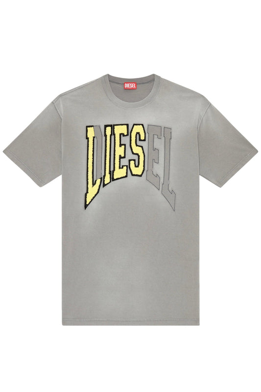 Grey 100% Cotton DIESEL T-WASH-N T-SHIRT with the word "DIESEL" in bold yellow letters.