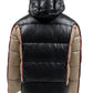 Diesel W-Ostend Jacket by DIESEL in black and beige, accented with red trim, displayed from the back. This padded jacket includes a hood, horizontal quilting, and a stylish paneled design made from recycled polyester.
