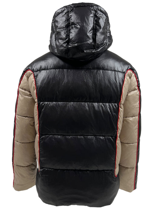 The DIESEL W-OSTEND JACKET BLACK by DIESEL features a black back and hood, beige sleeves, and red piping detail. This stylish piece boasts a paneled design and is crafted from recycled polyester.