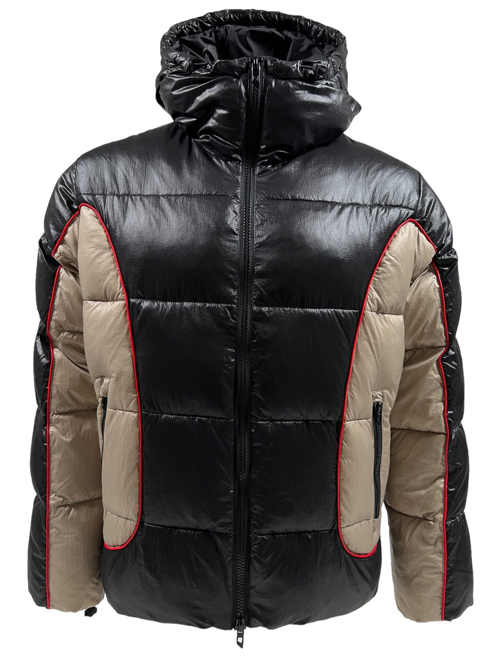 Front view of the DIESEL W-OSTEND JACKET BLACK by DIESEL, showcasing a black and beige padded jacket with red piping accents, a zipper closure, hood, and a stylish panelled design.