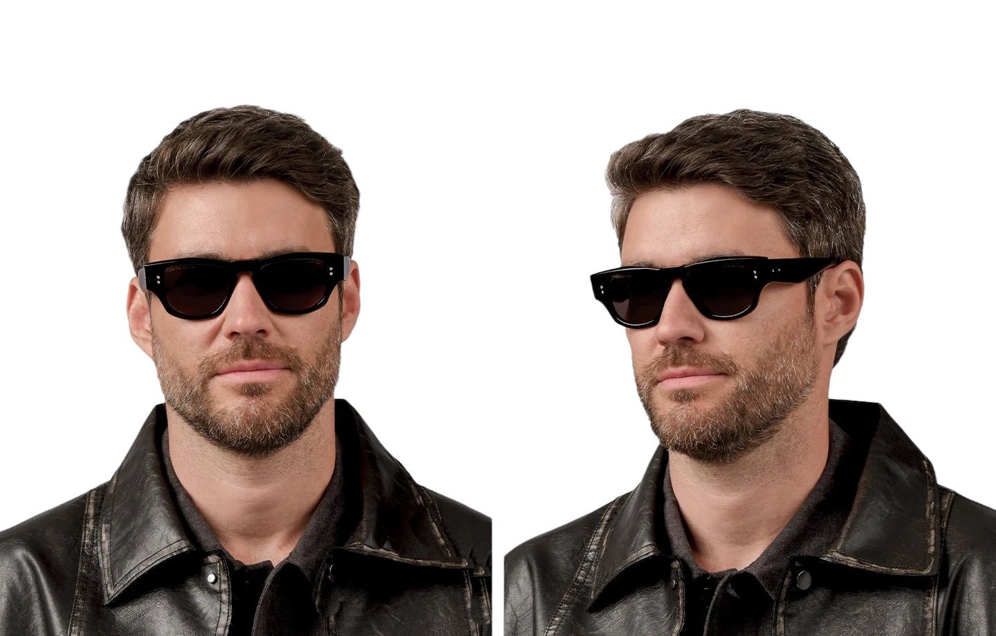 Two images of a bearded man wearing black sunglasses with an acetate frame and a black leather jacket, shown from the front and three-quarter view, against a plain white background. The sunglasses are the DITA BANTOS DTS723-A-01 by DITA.