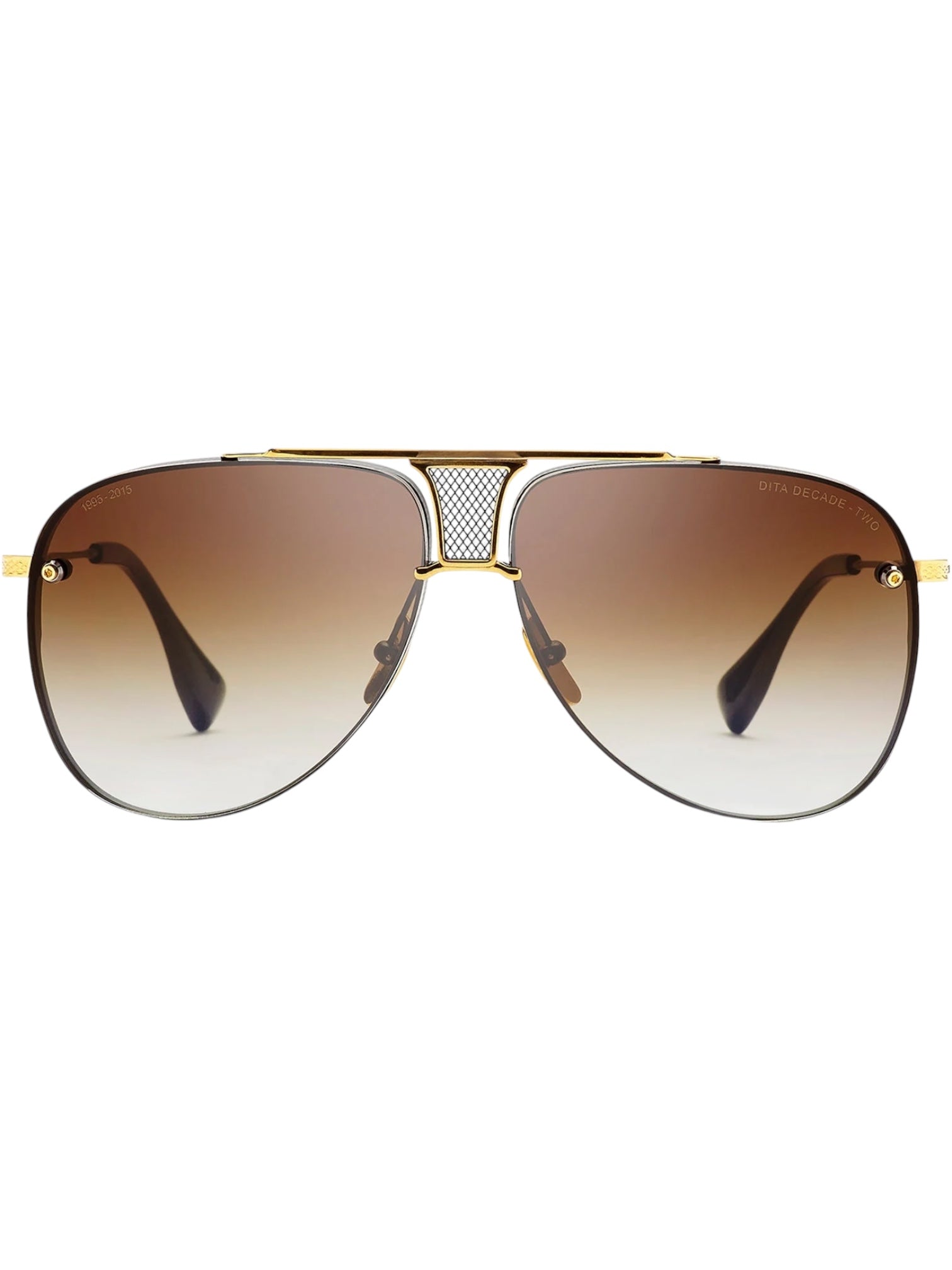 The DITA Decade Two DRX-2082-B-BLK-GLD features gold and brown gradient lenses, an 18-karat gold-plated aviator frame with a double bridge, shown against a white background.