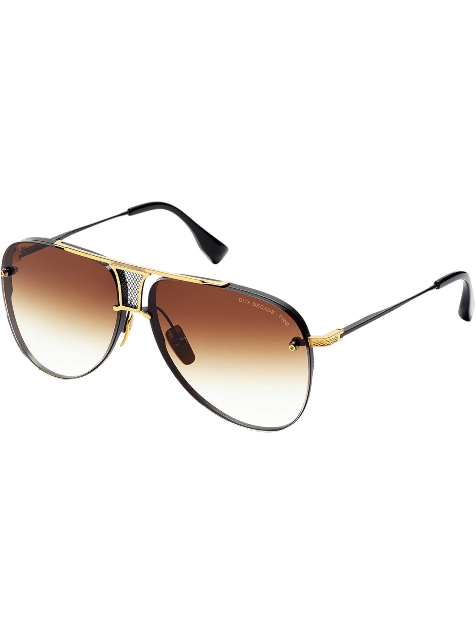 The DITA Decade Two DRX-2082-B-BLK-GLD aviator sunglasses feature a black and gold frame, brown gradient lenses, and decorative 18-karat gold-plated details on the temples and bridge.