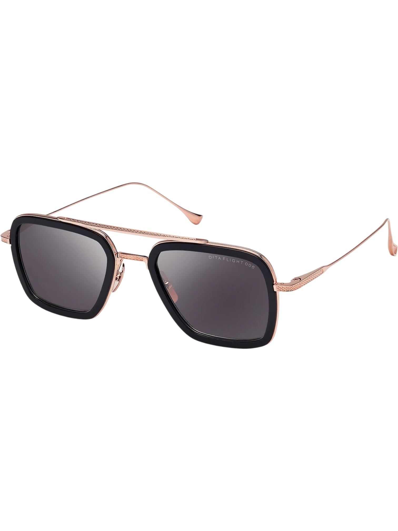 The DITA Flight 006 7806-E-52 sunglasses feature black rectangular lenses with an anti-reflective coating and slim rose gold metal frames, displayed on a white background.