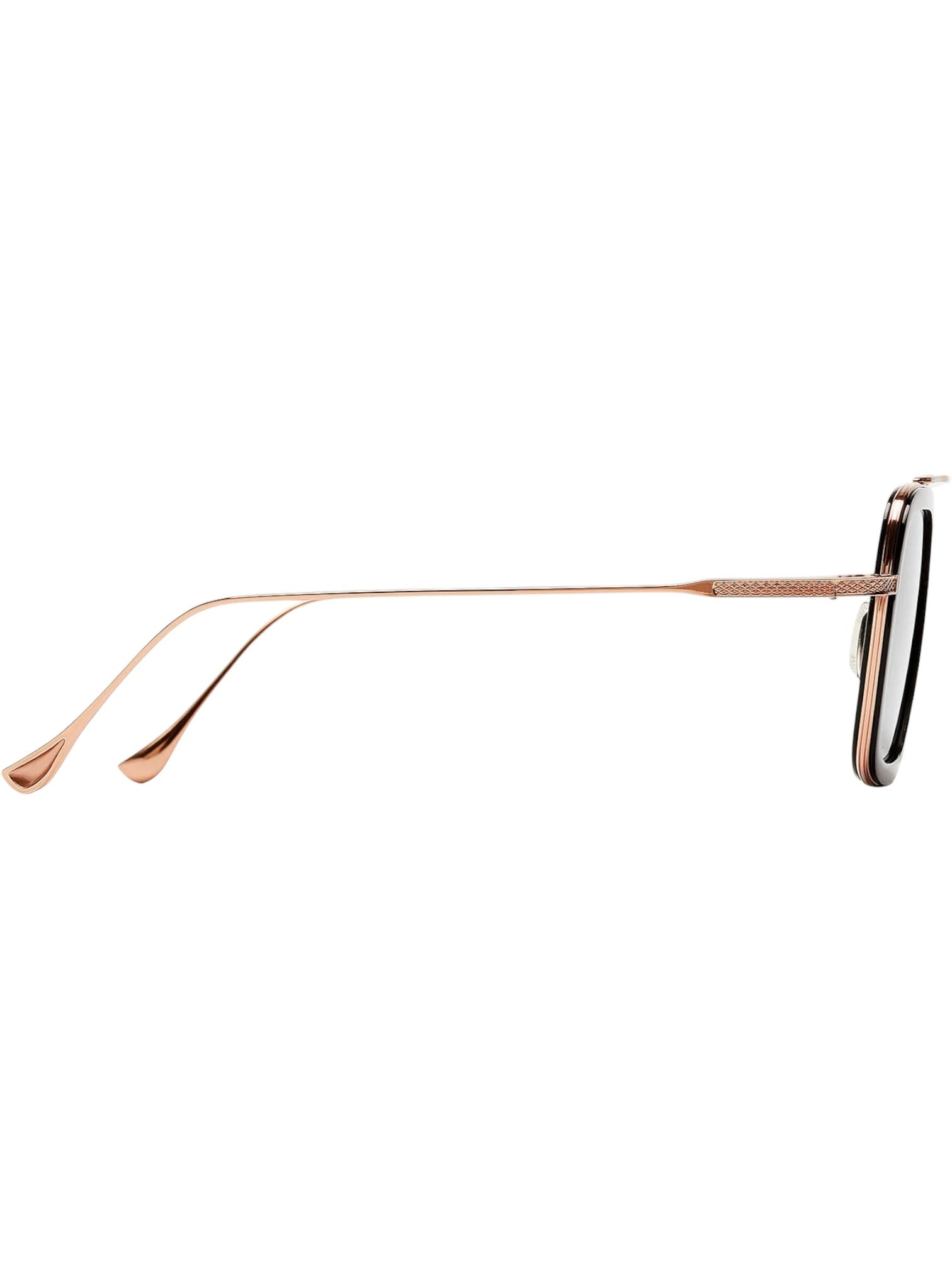 A side view of the DITA Flight 006 7806-E-52 eyeglasses featuring thin rose gold titanium temples and black rectangular frames.