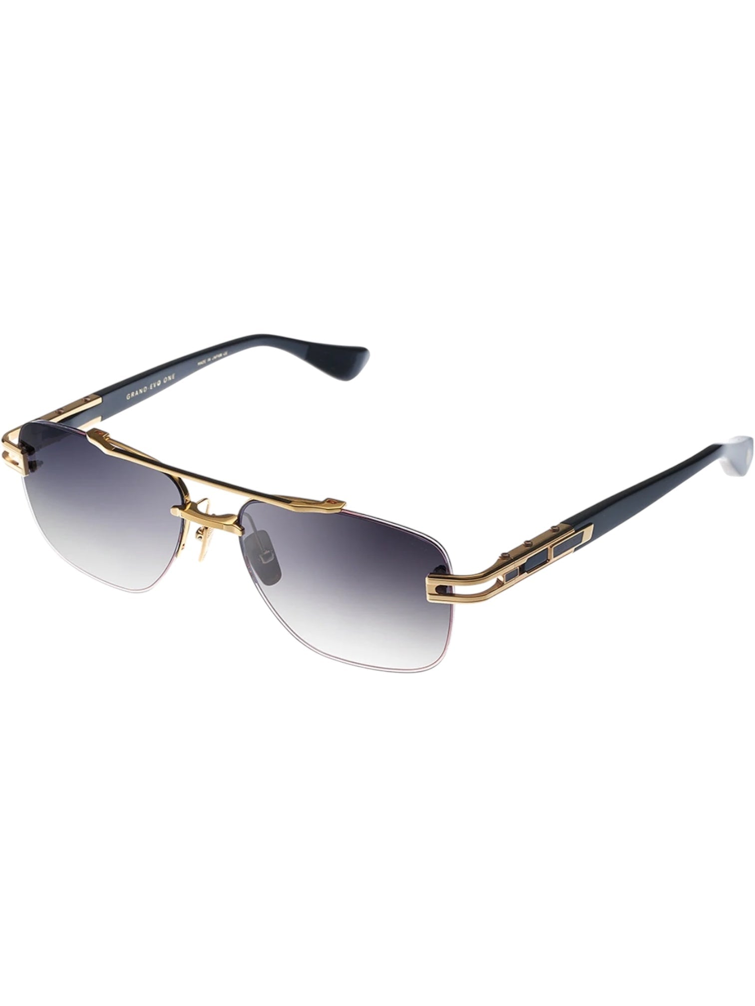 The DITA Grand-Evo One DTS138-A-01 sunglasses are rectangular rimless frames with a titanium center, gold accents, black arms, and gradient dark lenses.