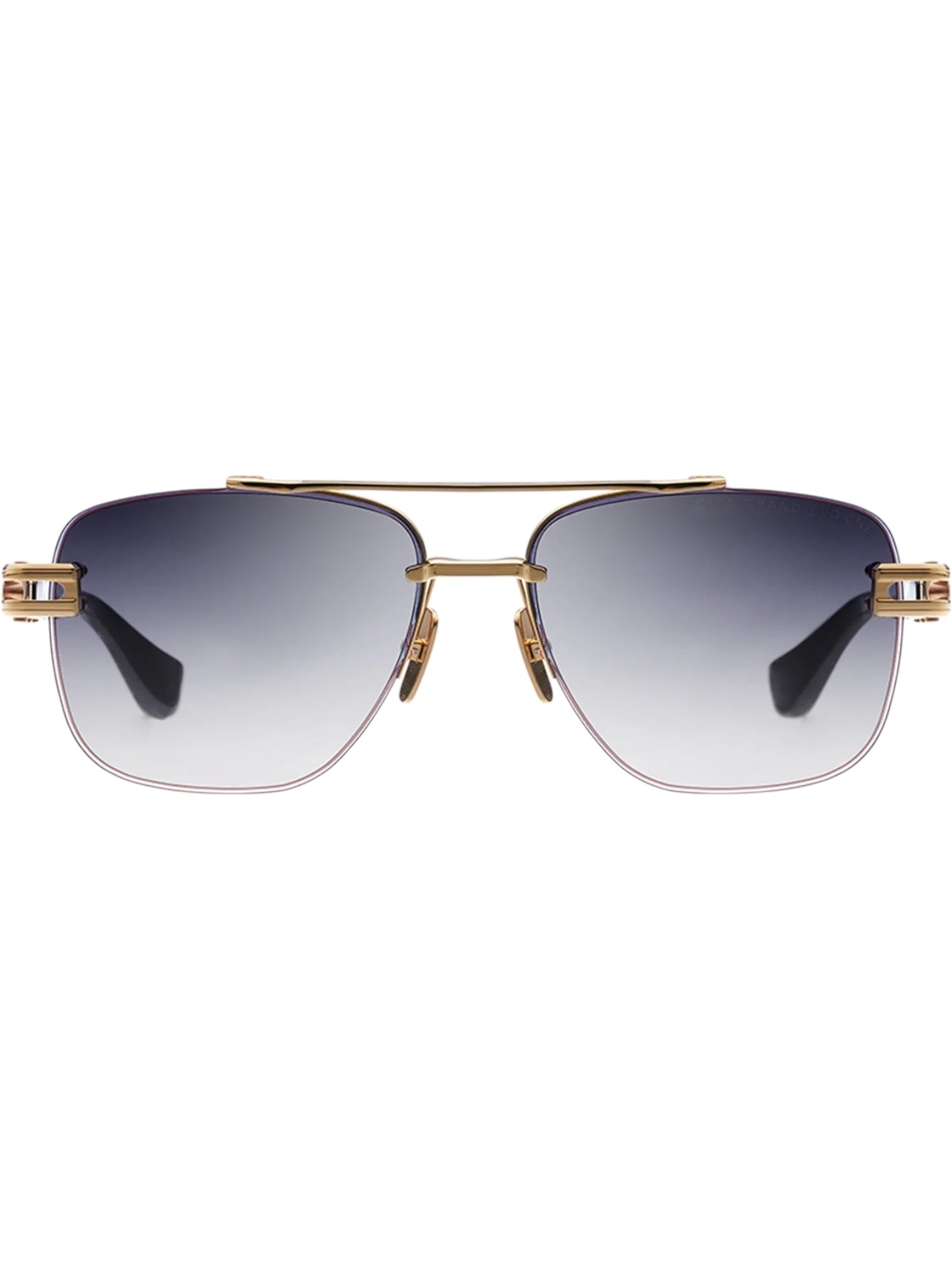 The DITA Grand-Evo One DTS138-A-01 sunglasses feature a gold metal aviator frame, rectangular gradient lenses, black temple arms, and a titanium center, shown from the front on a white background.
