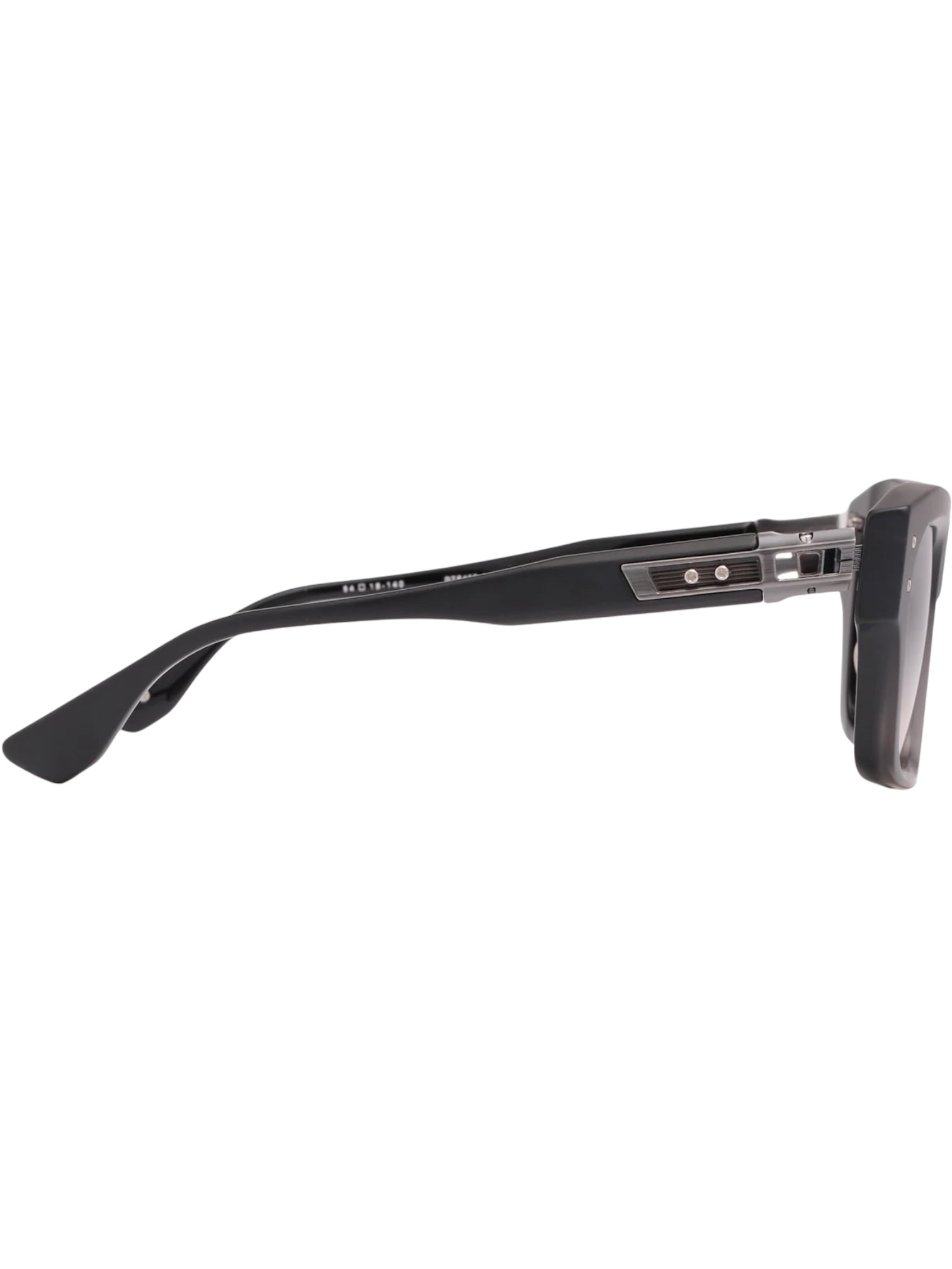 Side view of DITA Grandmaster-Eight DTS458-A-01 eyeglasses with black rectangular acetate frames, titanium hinge detailing, and straight arms subtly curved at the tips.