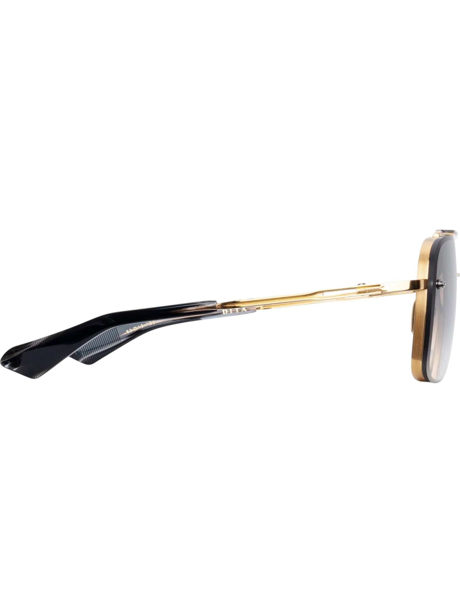 Side view of DITA Mach Six DTS121-62-01 eyeglasses with gold metal frames and black acetate temple arms, showcasing racing-inspired craftsmanship.