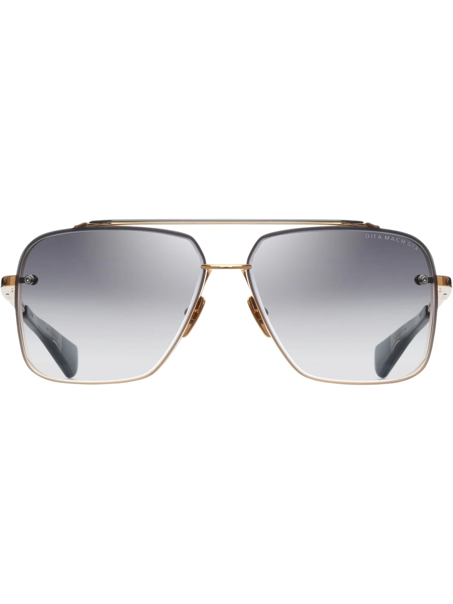 The DITA Mach Six DTS121-62-01 sunglasses feature gold metal aviator frames and gradient gray lenses, shown front-facing on a white background, showcasing DITA’s racing-inspired eyewear style.