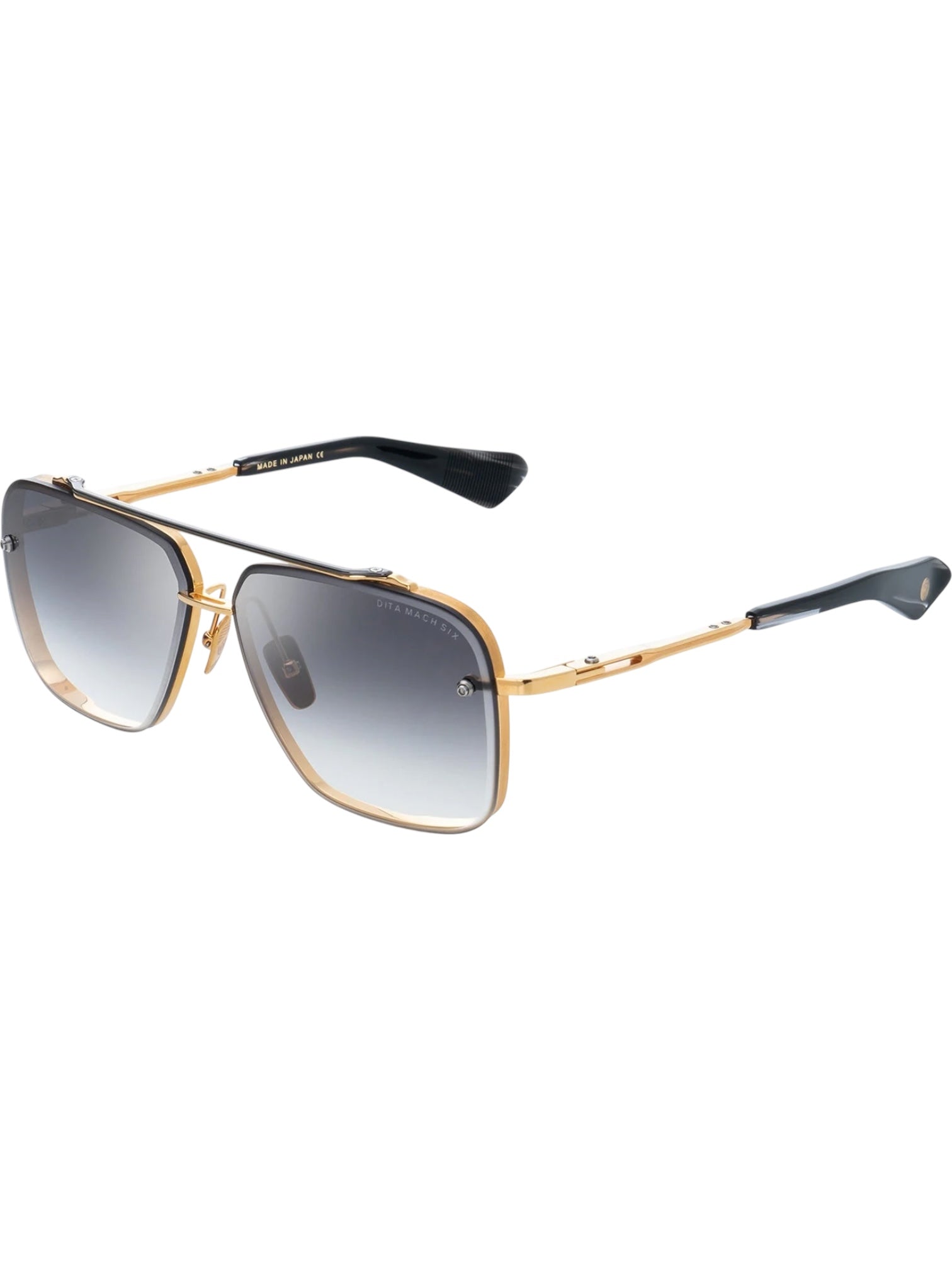 The DITA Mach Six DTS121-62-01 sunglasses feature a gold metal frame, titanium construction, black temple tips, and gradient gray lenses for a racing-inspired look against a white background.