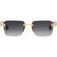 The DITA Meta-Evo One DTS147-A-04 is a rectangular rimless style with dark gradient lenses and gold-tone arms, featuring geometric hinge accents inspired by retro fashion.