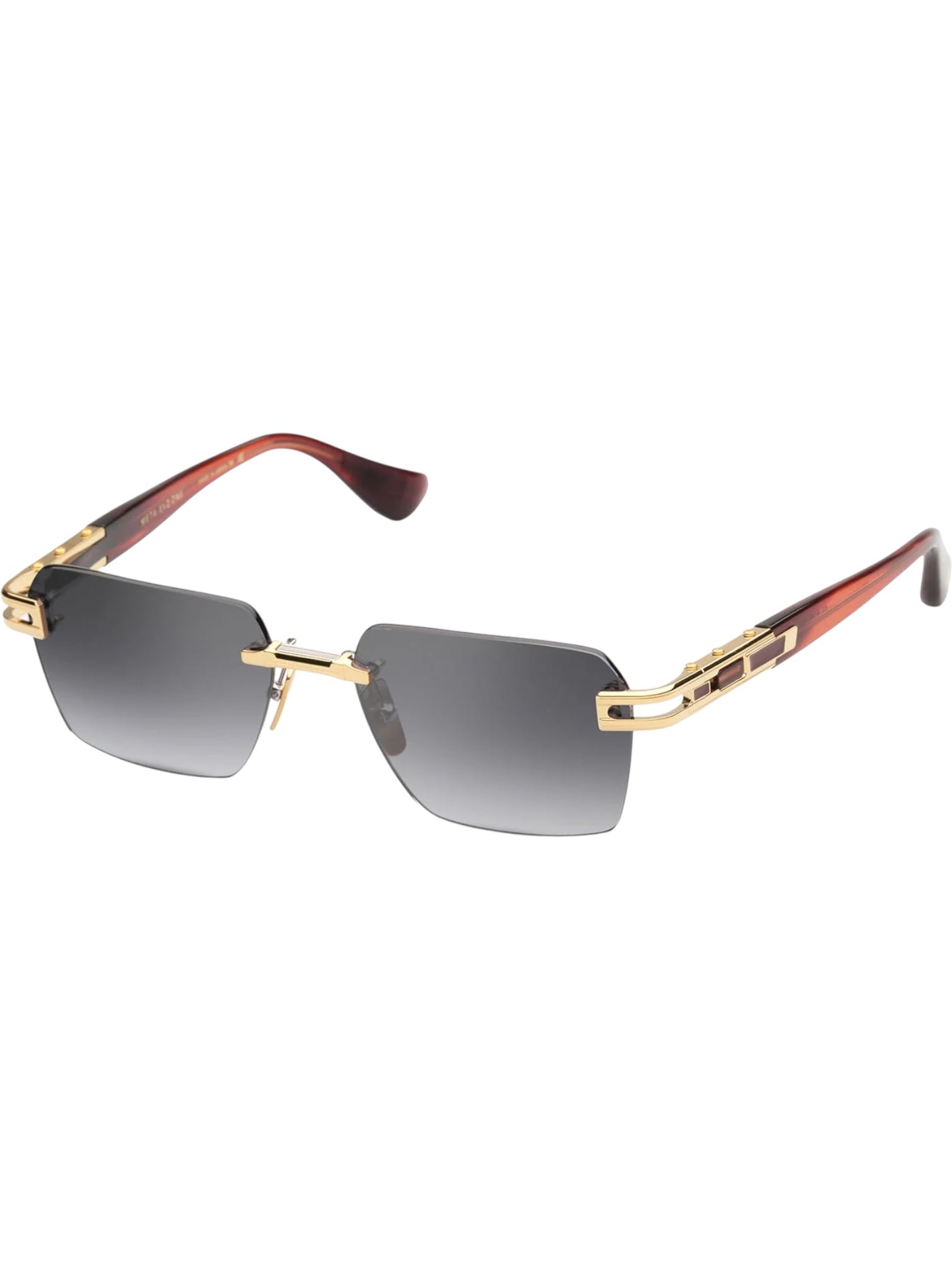 The DITA Meta-Evo One DTS147-A-04 sunglasses feature rimless square frames, dark gradient lenses, gold metal accents, and brown temples—ideal for anyone who loves retro-inspired modern eyewear.