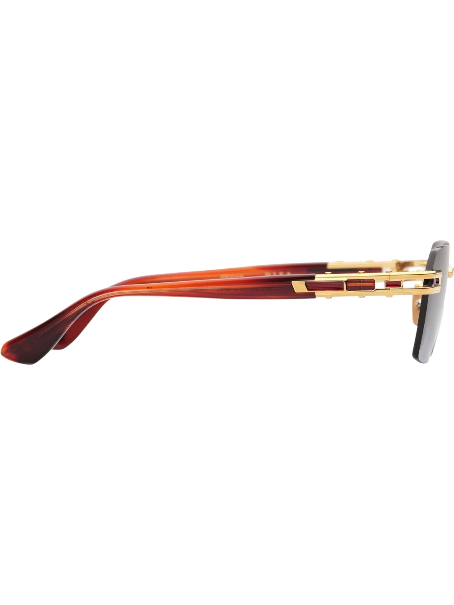 Side view of Dita Meta-Evo One DTS147-A-04 rimless eyewear by DITA, featuring orange and brown arms, gold detailing, and a gray hinge area—a modern design with retro influence.