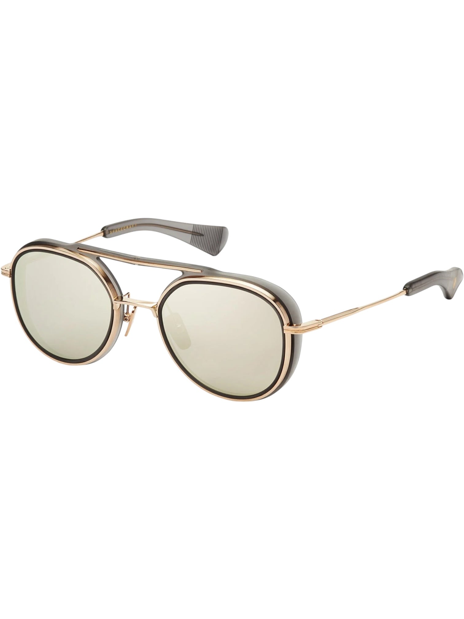 The DITA Spacecraft 19017-C-GRY-GLD-52 sunglasses feature gold-framed, round mirrored lenses with black temple tips, inspired by aviation, and are displayed at an angle on a white background.