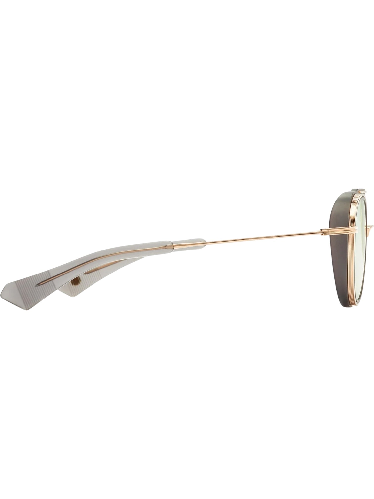 Side view of DITA Spacecraft 19017-C-GRY-GLD-52 hybrid eyeglasses with round lenses, gold bridge, and distinct temple tips showcasing overlapping metal and plastic accents.