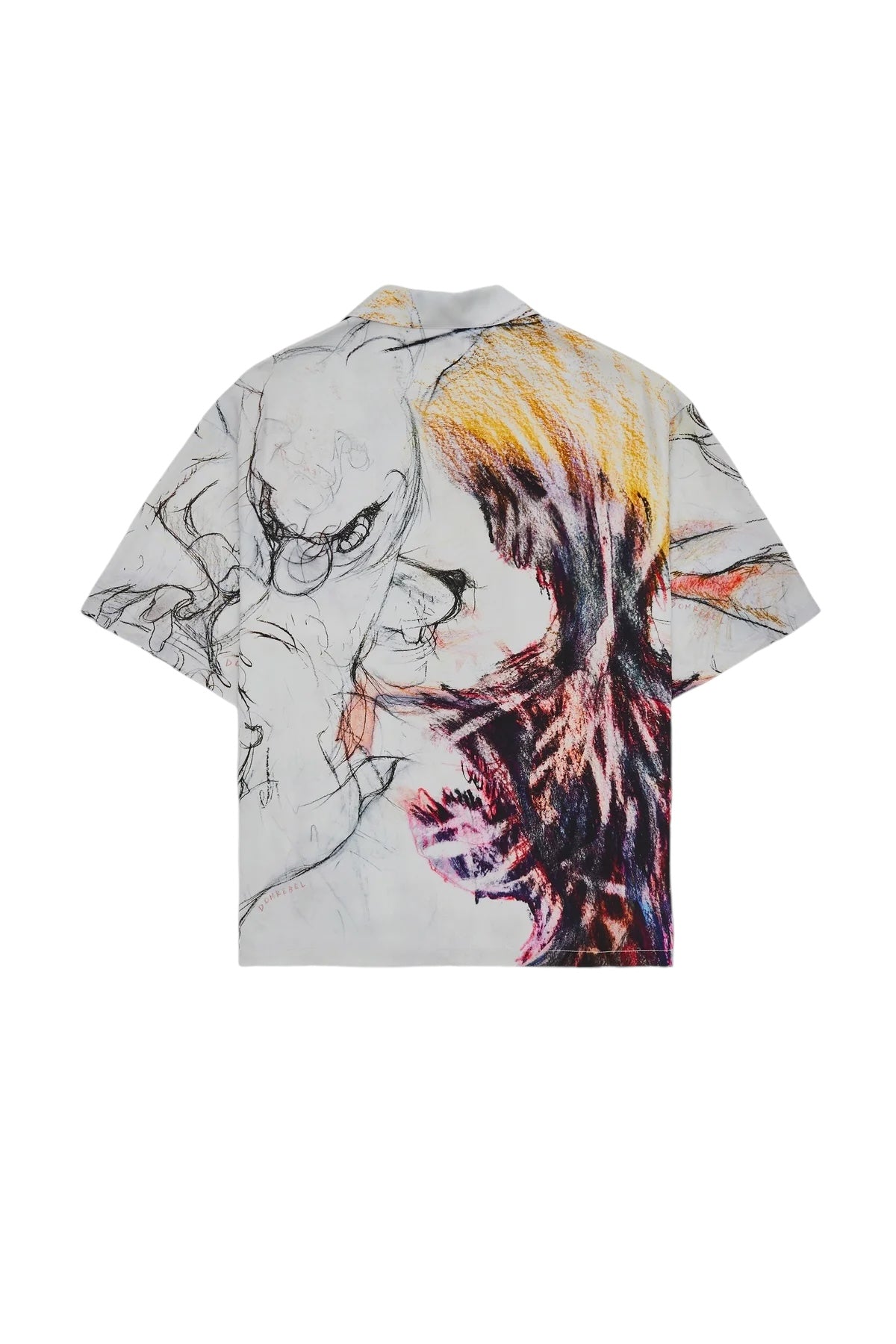 The Domrebel Ascend Camp Collar Shirt Beige by DOM REBEL is a short-sleeve button-up crafted from twill fabric, featuring an abstract, colorful sketch design on the back.