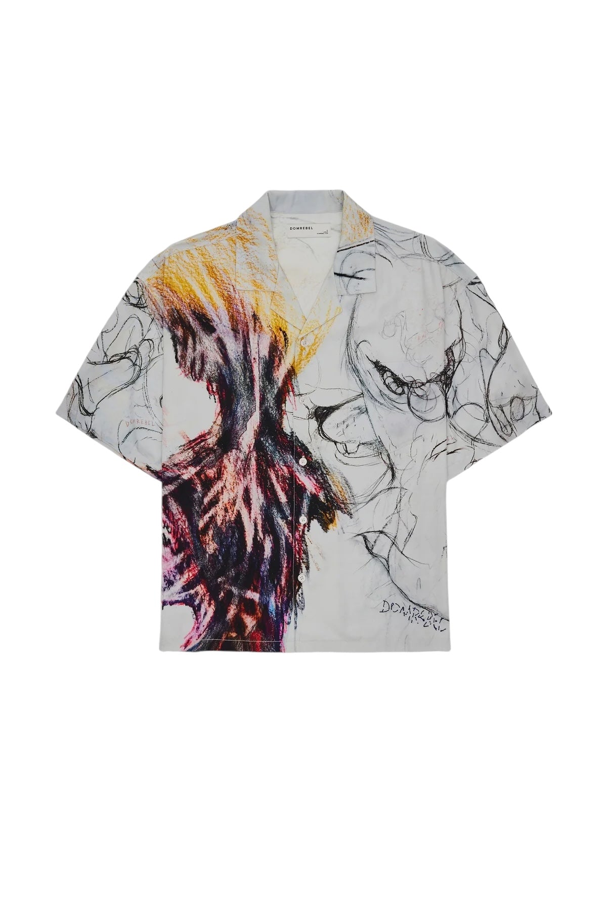 The Domrebel Ascend Camp Collar Shirt Beige by DOM REBEL features unique studio artworks with abstract, multicolored designs and scribbles on a white background, skillfully made from twill fabric.