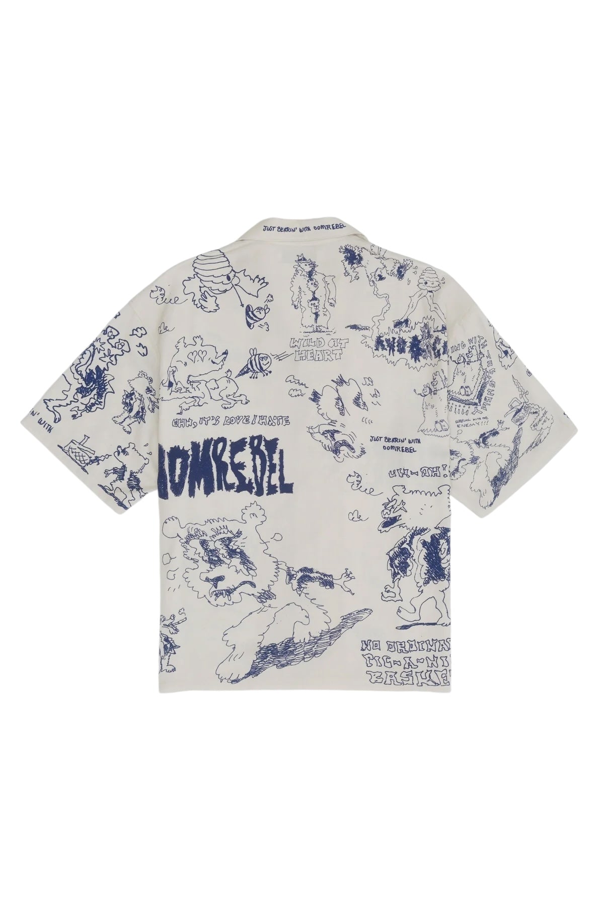 The Domrebel Bearing Camp Collar Shirt Beige by DOM REBEL showcases an all-over print with blue graphic designs and text set against a crisp white backdrop, crafted from a soft Rayon Tencel blend. This short-sleeve shirt combines style and comfort, making it perfect for any casual outing.