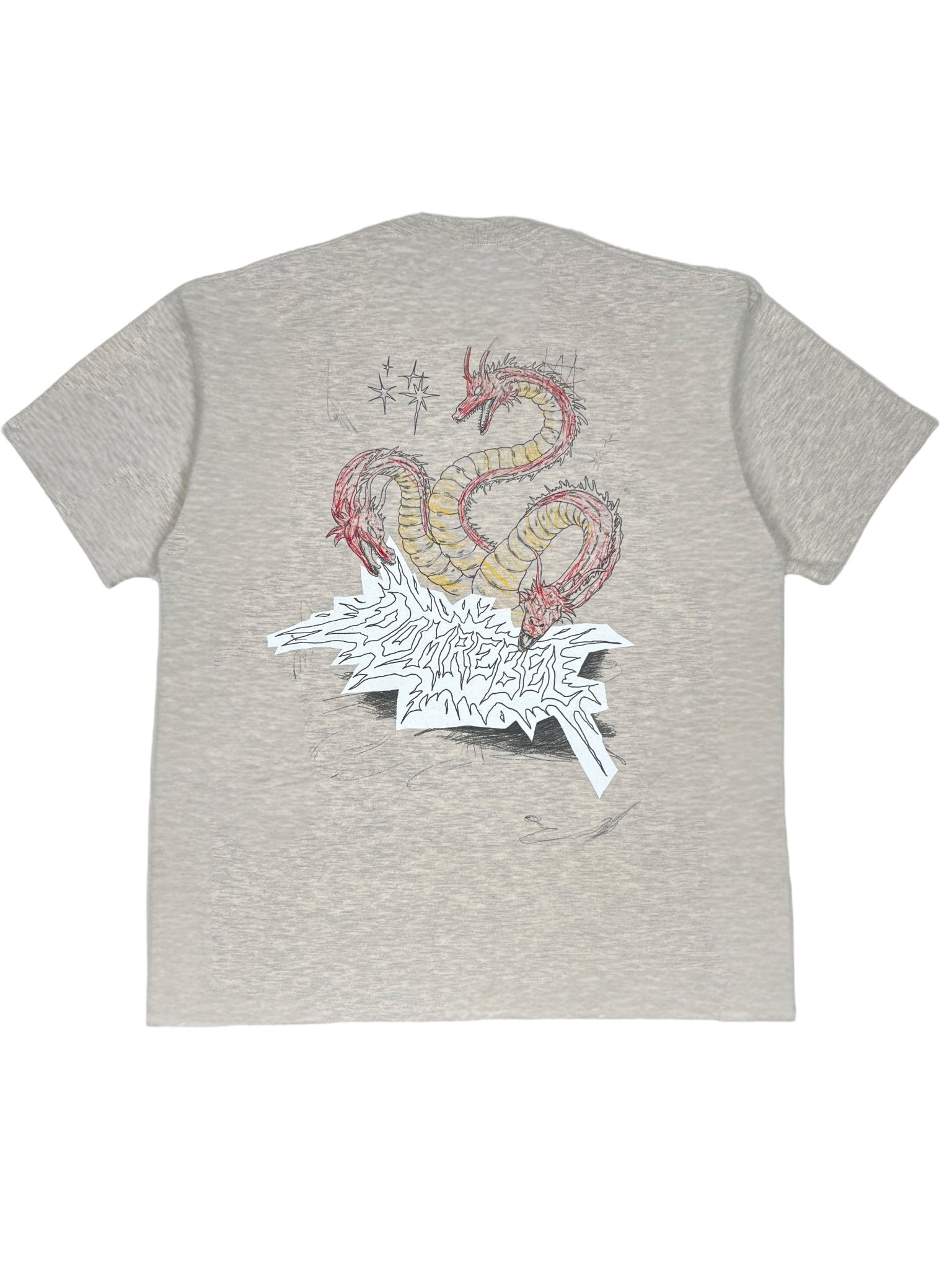 The Domrebel Conflict T-shirt Greige by DOM REBEL features a premium doodle graphic of a coiled dragon and abstract, spiky design with text, highlighting its unique artistry.