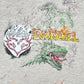 The Domrebel Conflict T-shirt Greige by DOM REBEL features an abstract design with a dinosaur, flame-bordered mask, red and yellow text, and colorful scribbles, all highlighted by the original Domrebel doodle graphic on its gray fabric.