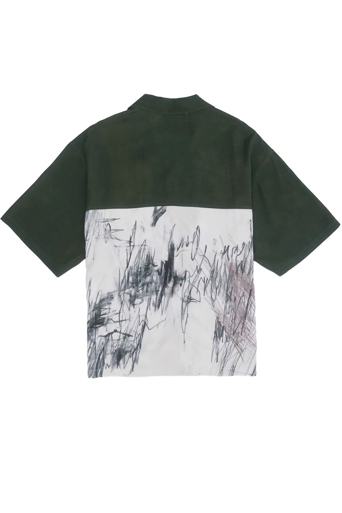 The Domrebel Demi Camp Collar Shirt by DOM REBEL blends style and comfort with its split design: solid dark green on the top, abstract black and gray scribbles on white below. Made from twill fabric, it reflects classic DOMREBEL sketches.