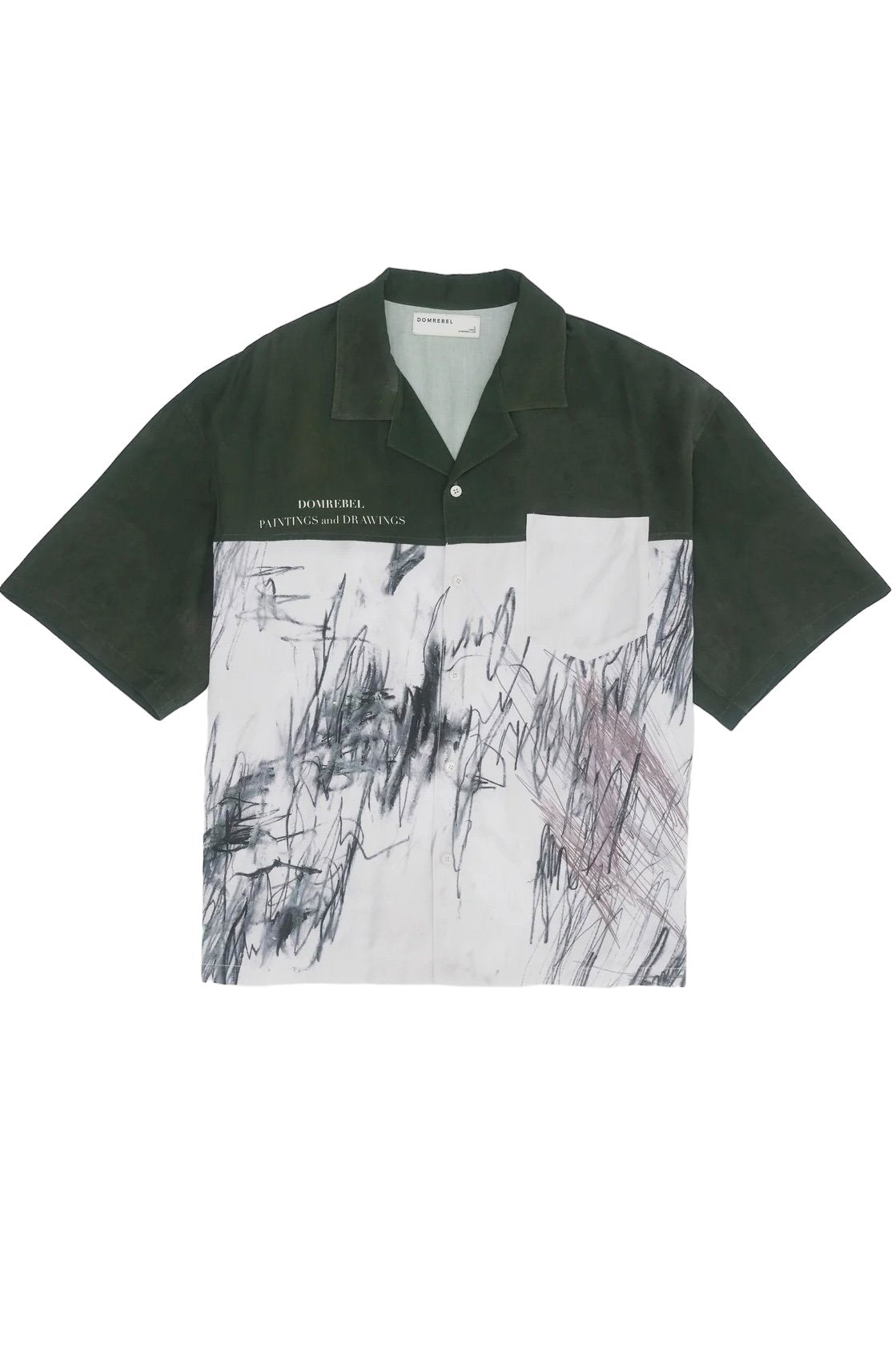 The Domrebel Demi Camp Collar Shirt by DOM REBEL features a white twill base with dark green shoulders, adorned with abstract black and gray sketches.