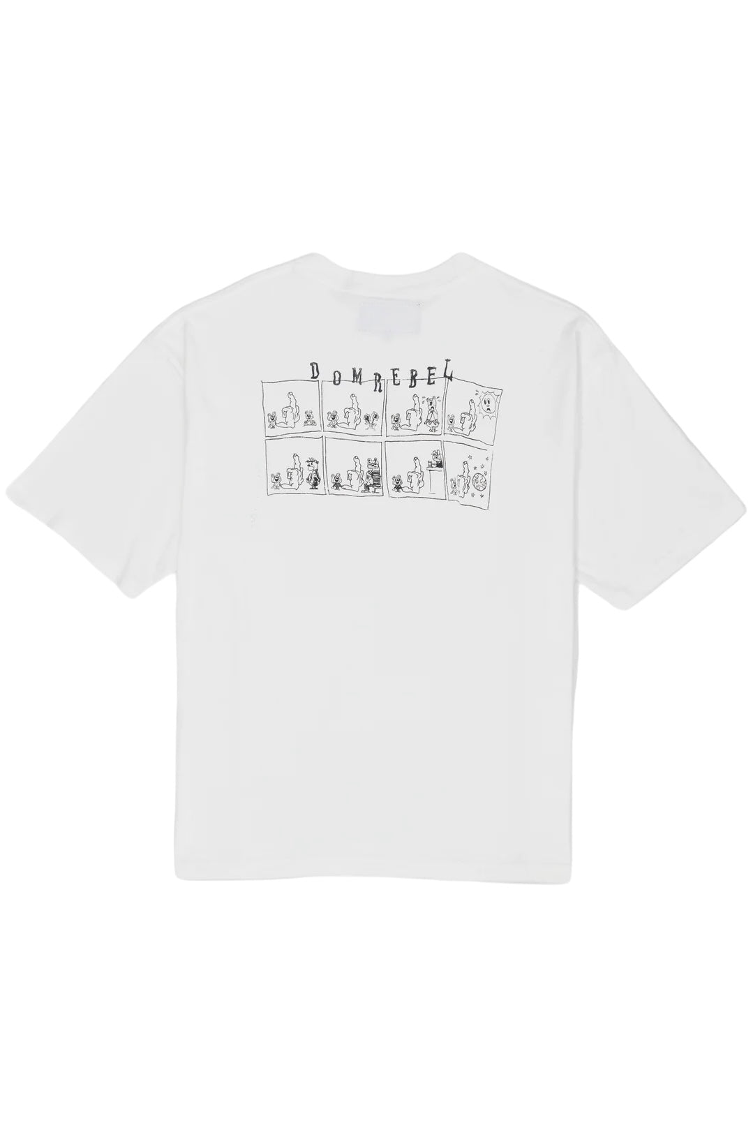 Check out the Domrebel Friendly T-Shirt in Ivory by DOM REBEL, part of the bon vivant collection. It showcases a comic-style illustration on the back with multiple panels and characters, including a hand-drawn teddy bear.
