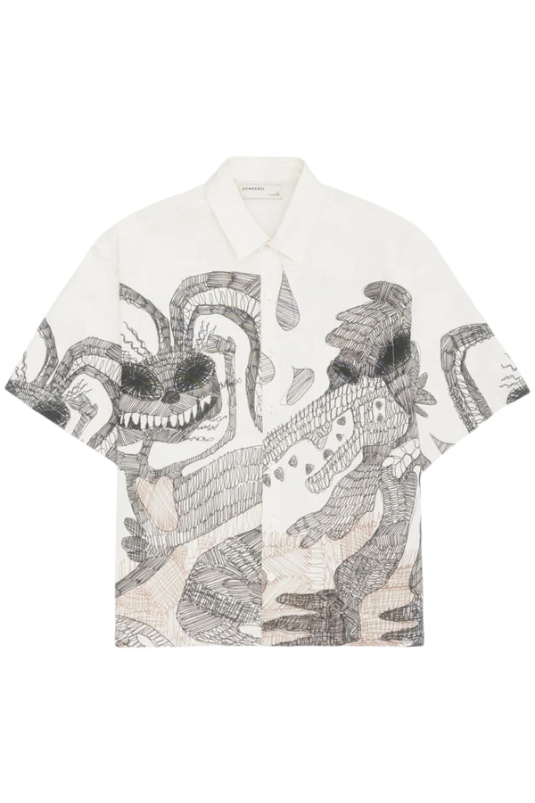 The Domrebel Hao Shirt Beige by DOM REBEL is a short-sleeve button-up crafted from linen, showcasing a playful abstract design with black and white snake-like shapes.