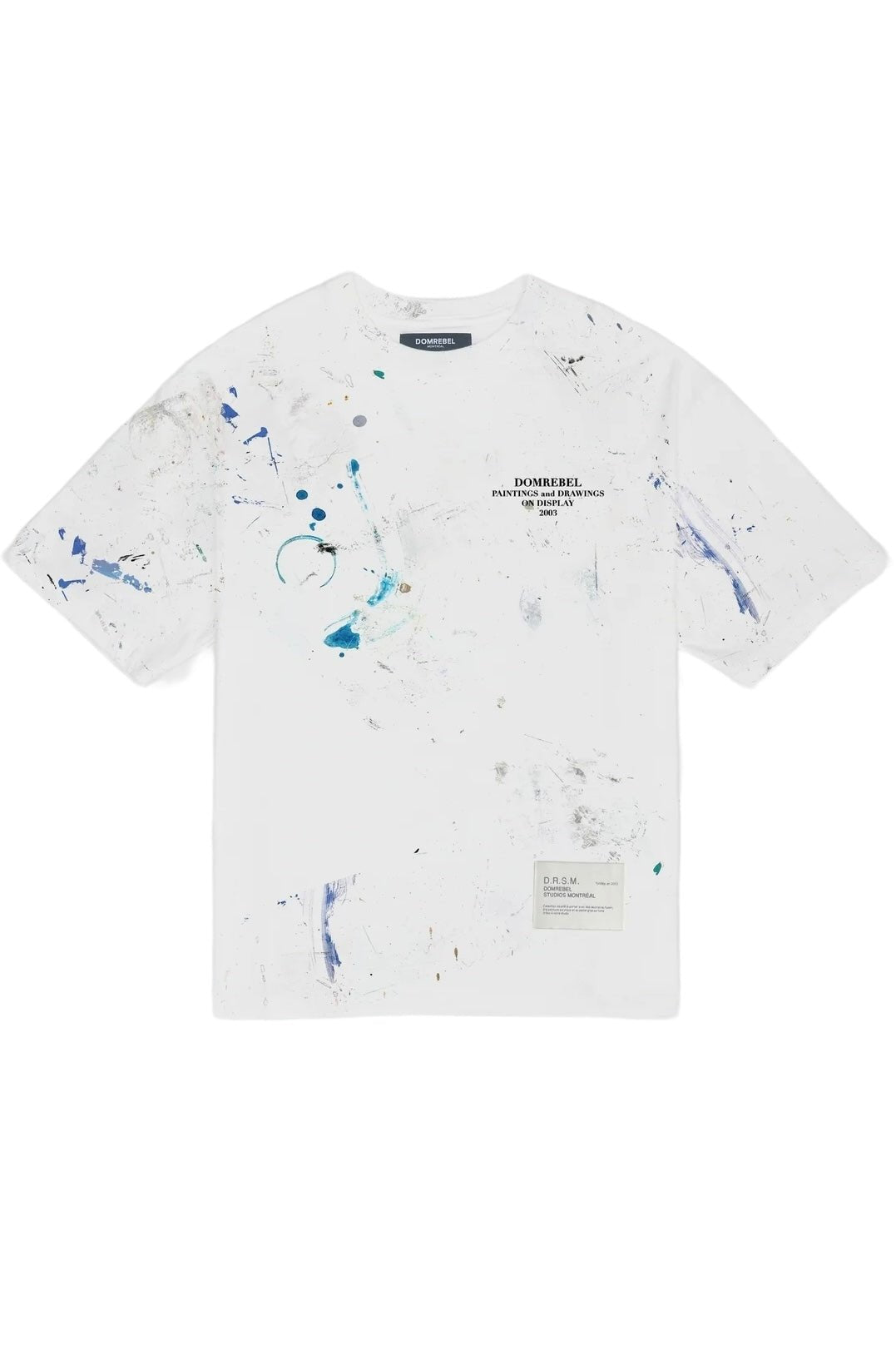 DOM REBEL's DOMREBEL RAG T-SHIRT IVORY features scattered multicolored paint splatters and text on the front, crafted from 200gsm ringspun jersey cotton for a comfortable feel.