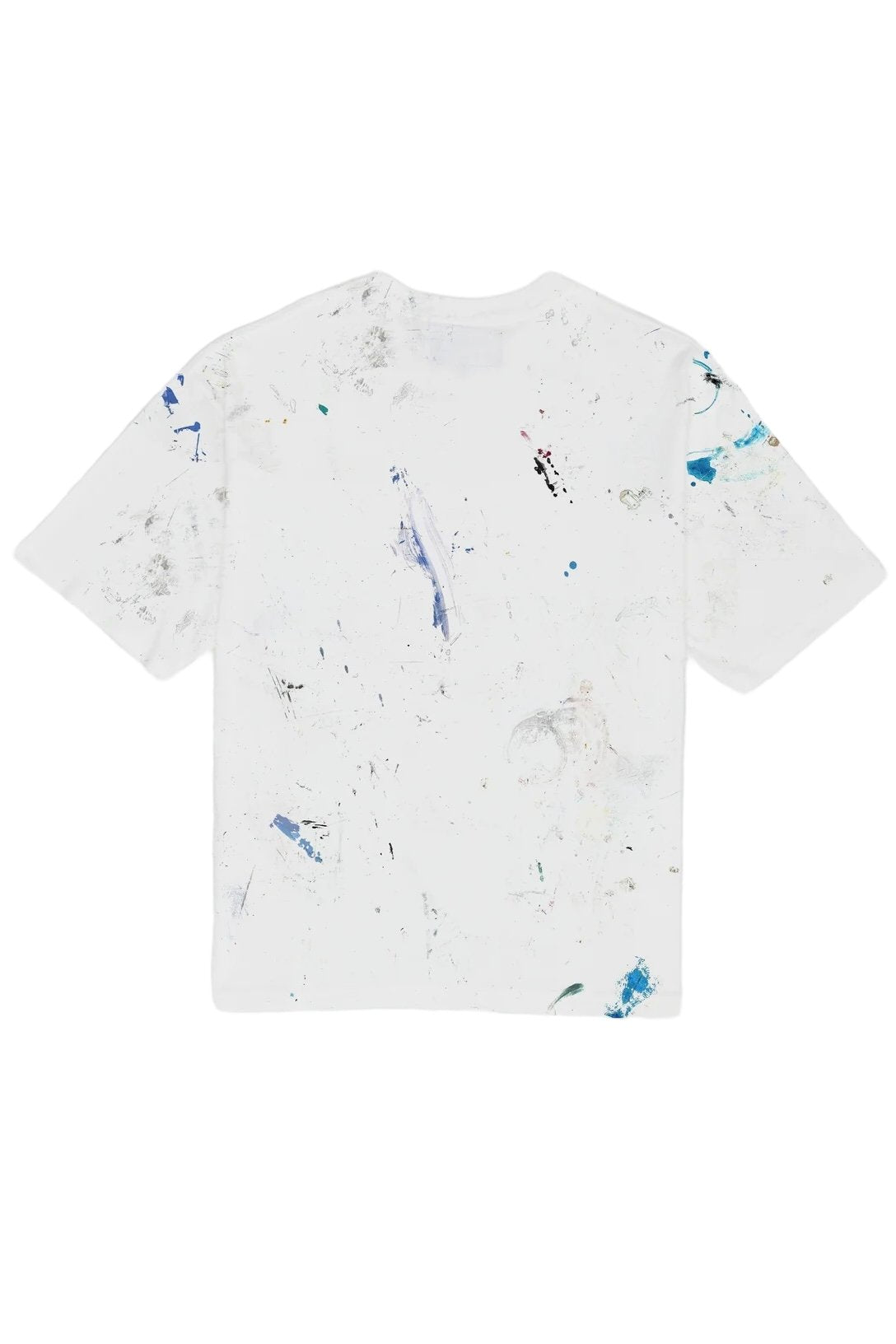 A white, regular fit DOM REBEL shirt with scattered paint splatters in various colors, crafted from 200GSM ringspun jersey cotton. The product is known as the DOMREBEL RAG T-SHIRT IVORY.
