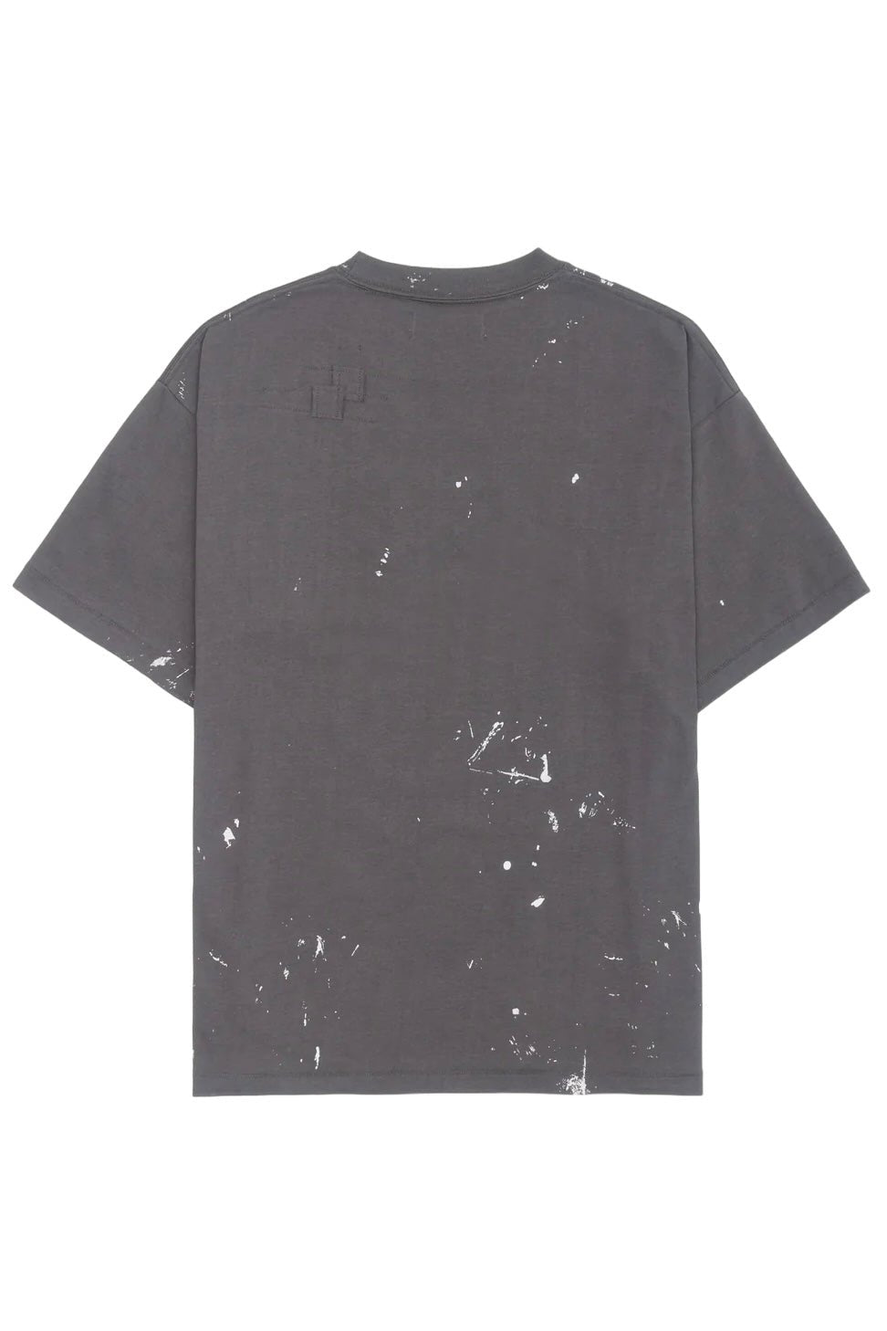 The Domrebel Atelier Pocket Tee Coal Paint by DOM REBEL is a dark gray tee with stylish paint splatter, short sleeves, and a textured cross detail on the upper back.