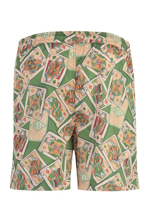 Men's mid-length cut swim shorts with DROLE DE MONSIEUR D-BS141-PL136 LE SHORT PLAGE JEU DE CARTES GN print design.