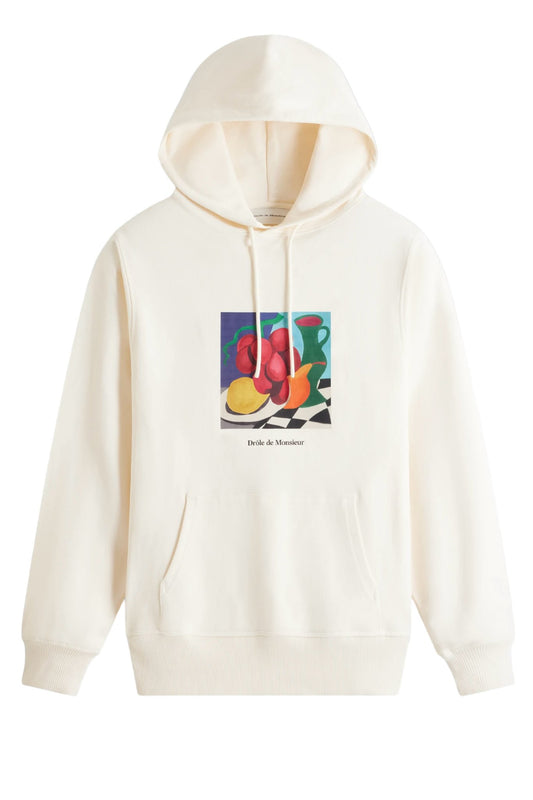 Cream-colored DROLE DE MONSIEUR D-HO146-CO127 Le Hoodie Nature Morte CM sweatshirt with an abstract fruit design print on the front, made in Portugal.