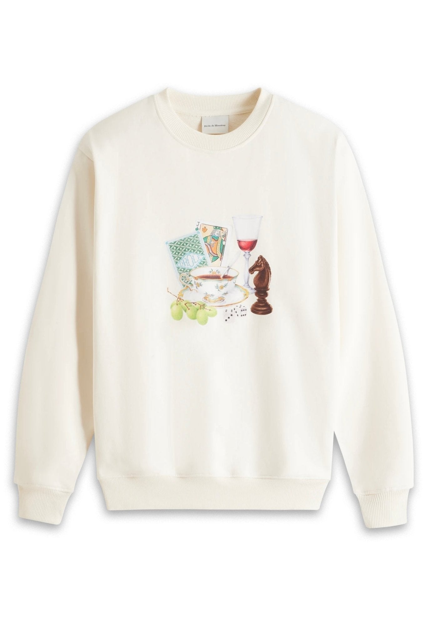 Cream-colored DROLE DE MONSIEUR D-SW144-CO127 LE SWEATSHIRT APRES-MIDI with a printed design featuring a glass of wine, a chess piece, playing cards and grapes.