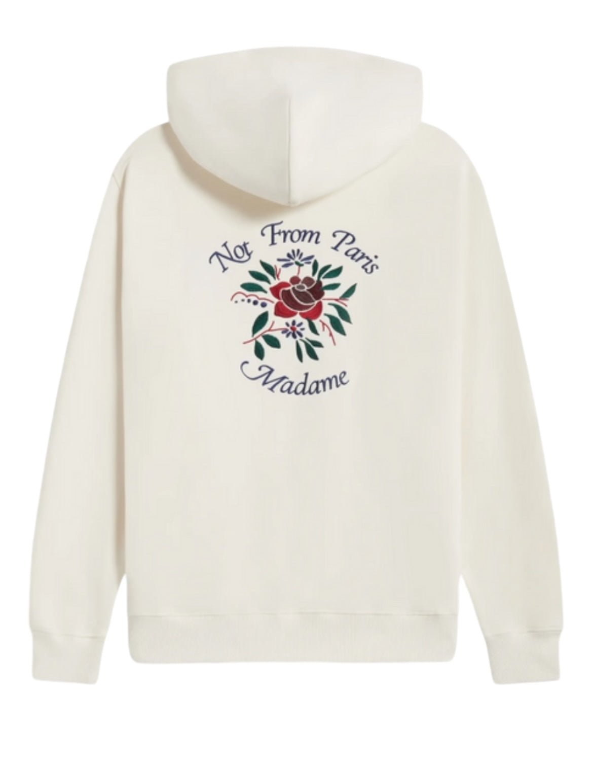 Back view of the DROLE DE MONSIEUR E-HO169-CO127-CM LE HOODIE FLEURS CREAM, a white French terry hoodie with a floral design and text that reads "Not From Paris Madame" printed on the back, made from 100% cotton.