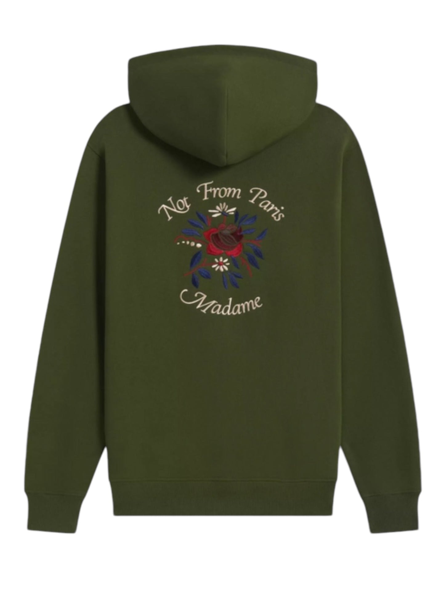 DROLE DE MONSIEUR E-HO169-CO127-KK LE HOODIE FLEURS KAKI features a text "Not From Paris Madame" and a fleurs embroidery slogan adorning the back.