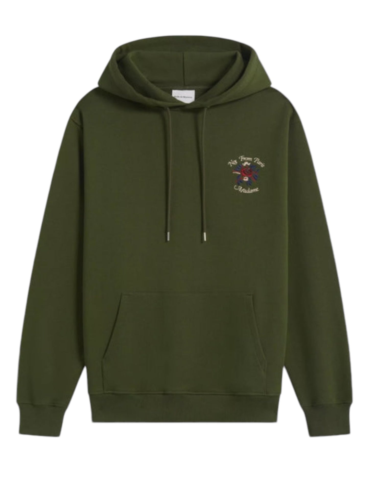 The DROLE DE MONSIEUR E-HO169-CO127-KK Le Hoodie Fleurs Kaki is a khaki hoodie featuring a front pocket and drawstring hood, made from cozy French terry. On the left chest area, it boasts a small embroidered design with text and a colorful graphic, adding a touch of unique flair to this versatile piece.