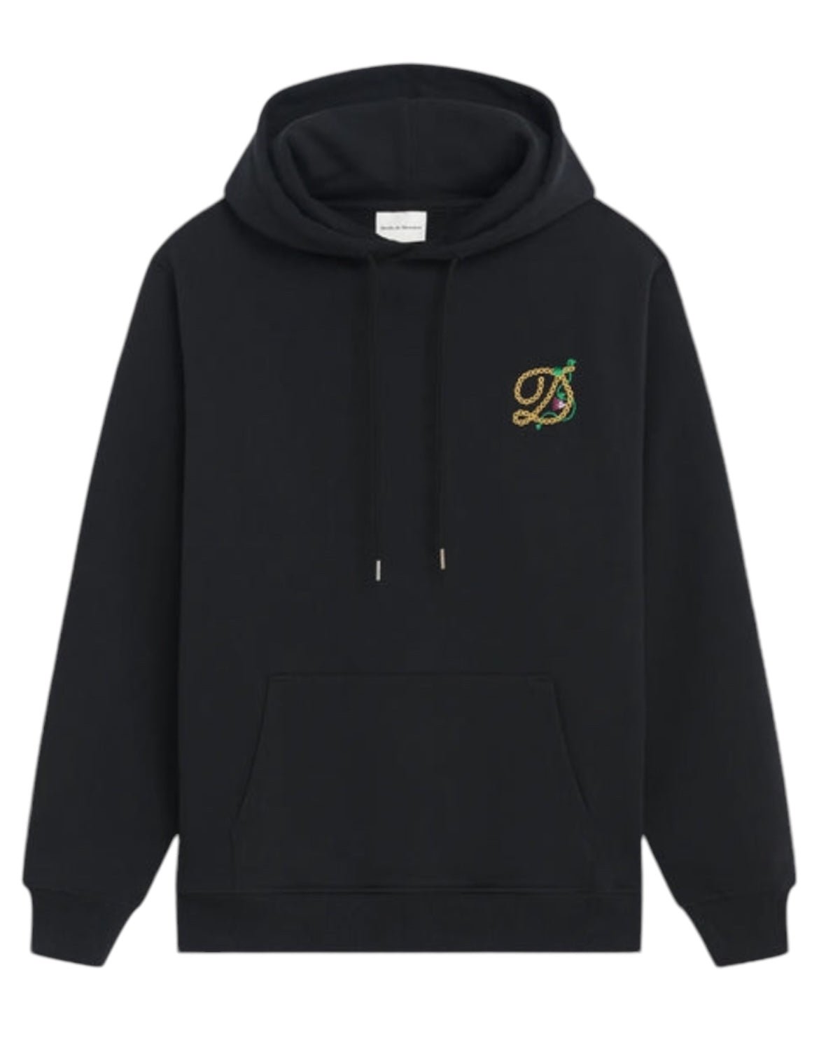 The DROLE DE MONSIEUR E-HO170-CO127-BL LE HOODIE RAISIN BLK is a black hooded sweatshirt made from French terry cotton, featuring a drawstring, front pocket, and a small embroidered "D" on the left chest.