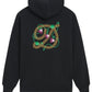 DROLE DE MONSIEUR E-HO170-CO127-BL LE HOODIE RAISIN BLK by DROLE DE MONSIEUR is a black French terry hoodie adorned with an intricate design on the back, featuring colorful, intertwined patterns that resemble snakes and floral elements.