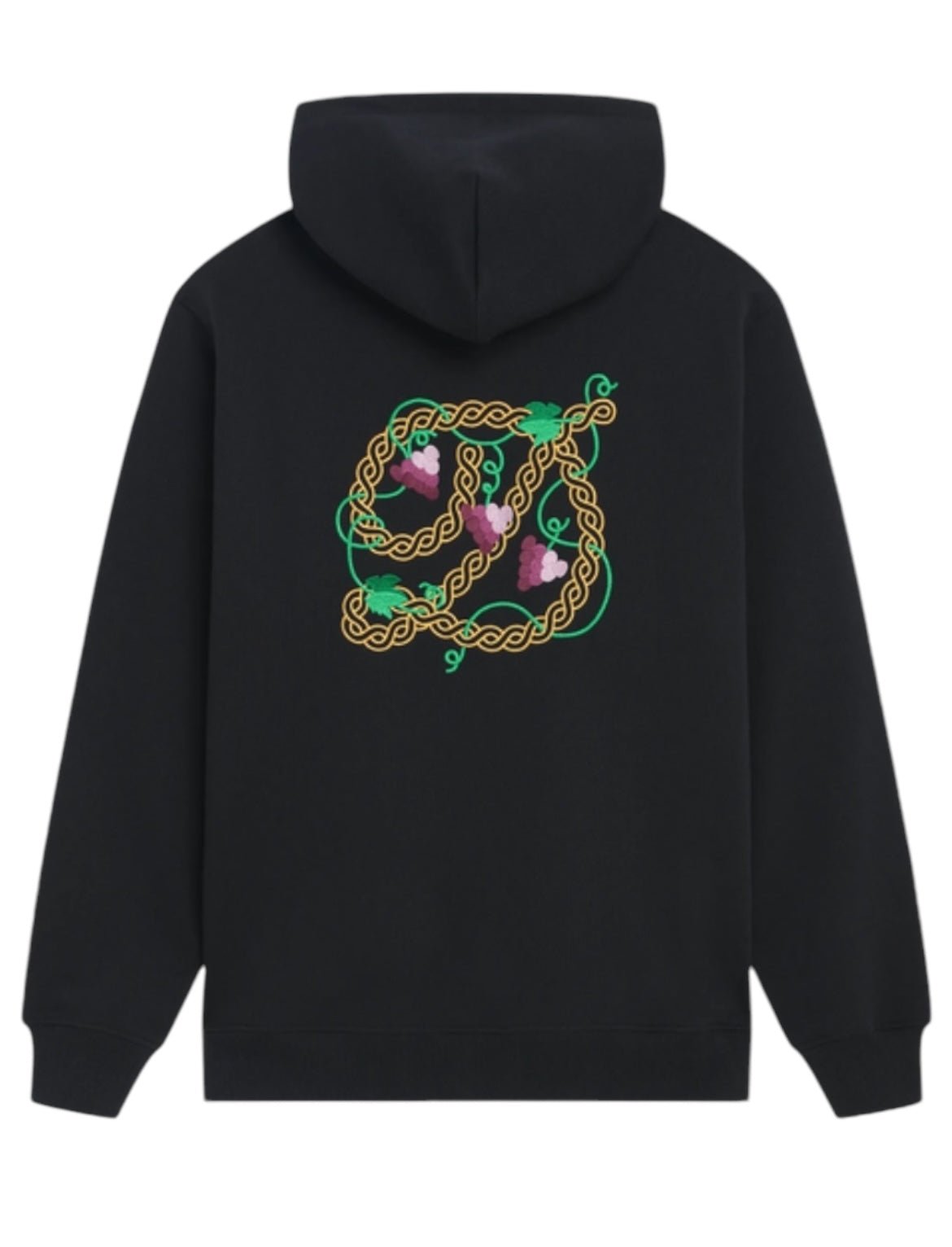 DROLE DE MONSIEUR E-HO170-CO127-BL LE HOODIE RAISIN BLK by DROLE DE MONSIEUR is a black French terry hoodie adorned with an intricate design on the back, featuring colorful, intertwined patterns that resemble snakes and floral elements.