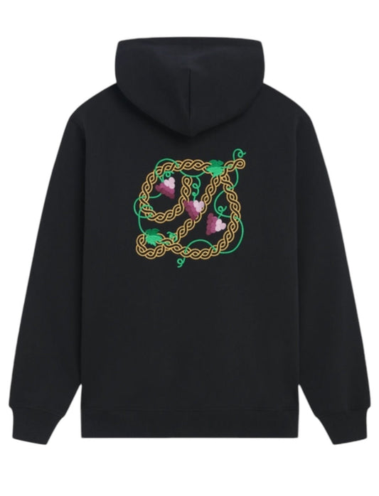 DROLE DE MONSIEUR E-HO170-CO127-BL LE HOODIE RAISIN BLK by DROLE DE MONSIEUR is a black French terry hoodie adorned with an intricate design on the back, featuring colorful, intertwined patterns that resemble snakes and floral elements.